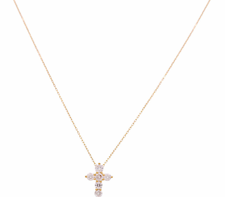 14k Yellow Gold Cross Diamond Necklace with 0.91 Tw Round Diamonds - Miral Jewelry