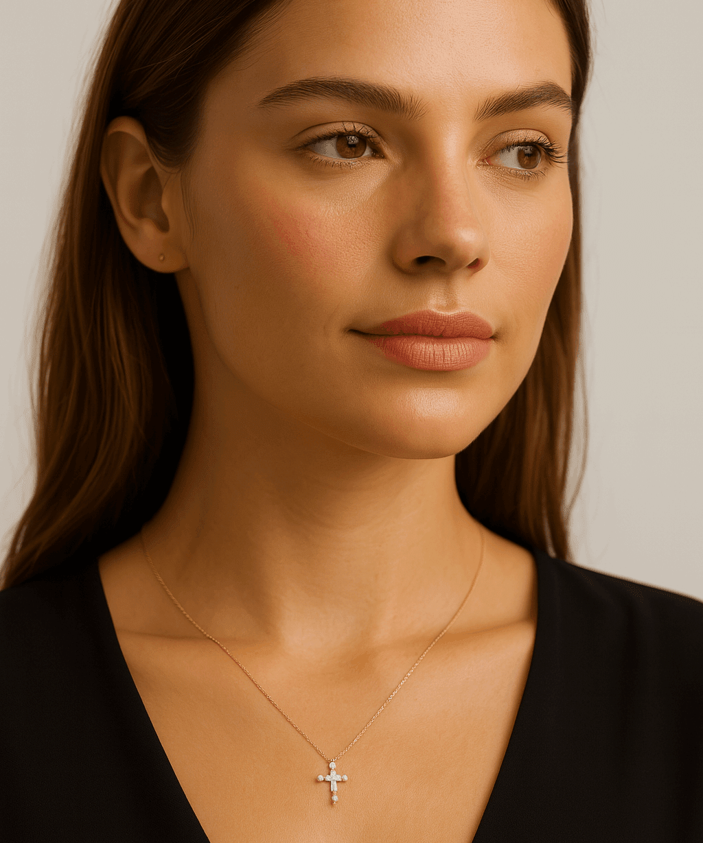 14k Yellow Gold Cross Diamond Necklace with 0.91 Tw Round Diamonds - Miral Jewelry