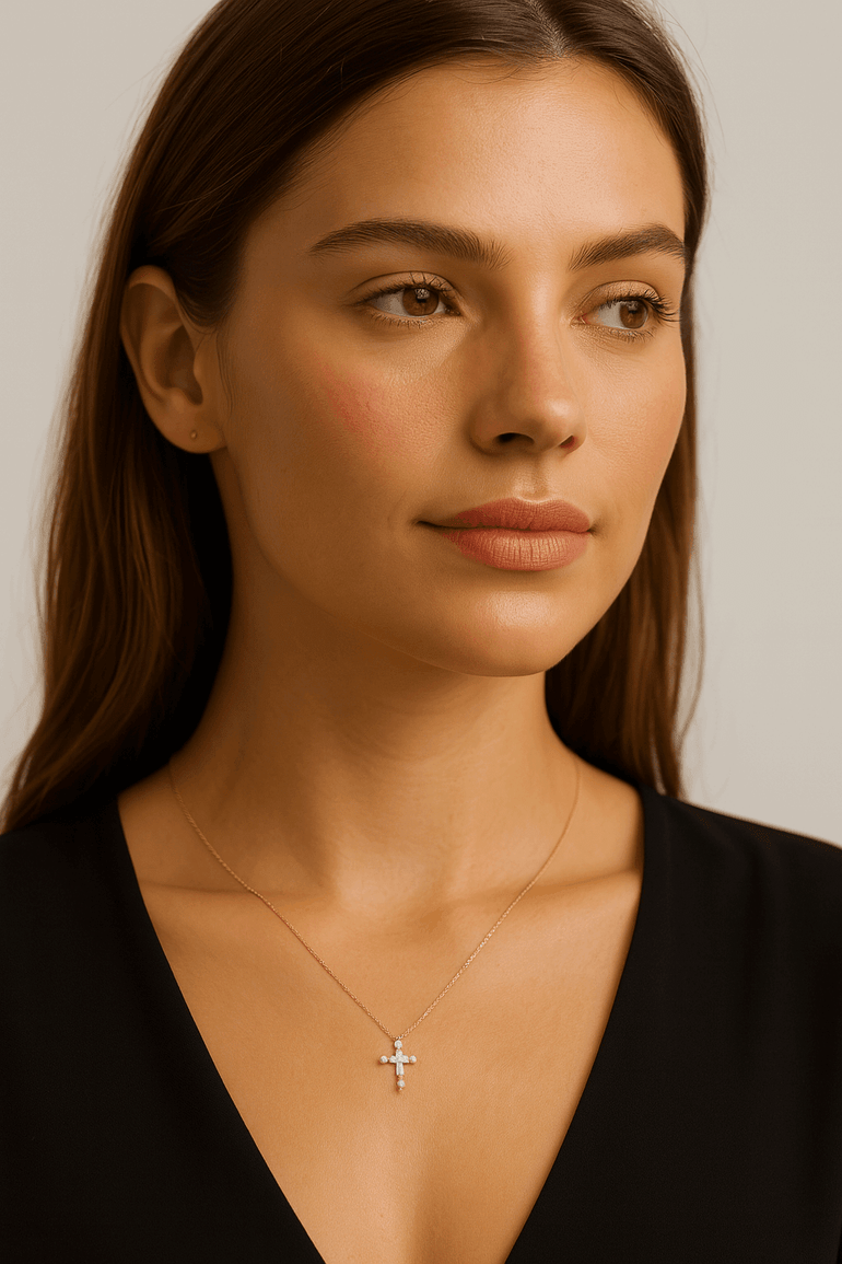 14k Yellow Gold Cross Diamond Necklace with 0.91 Tw Round Diamonds - Miral Jewelry