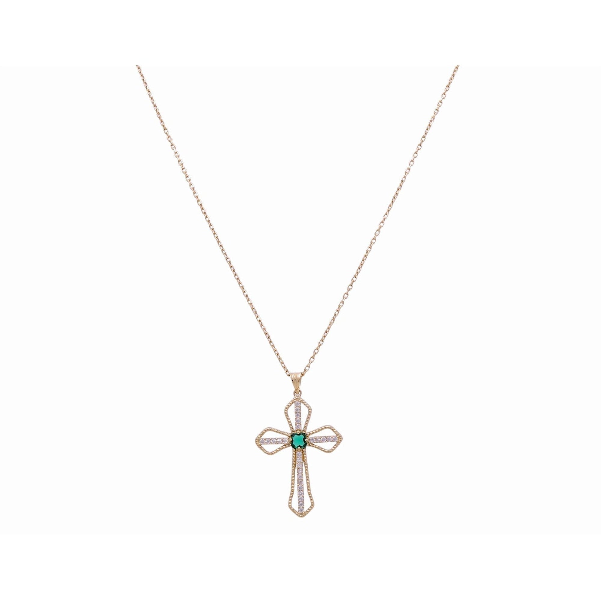 14K Yellow Gold Open Cross Necklace with Green Stone 18in
