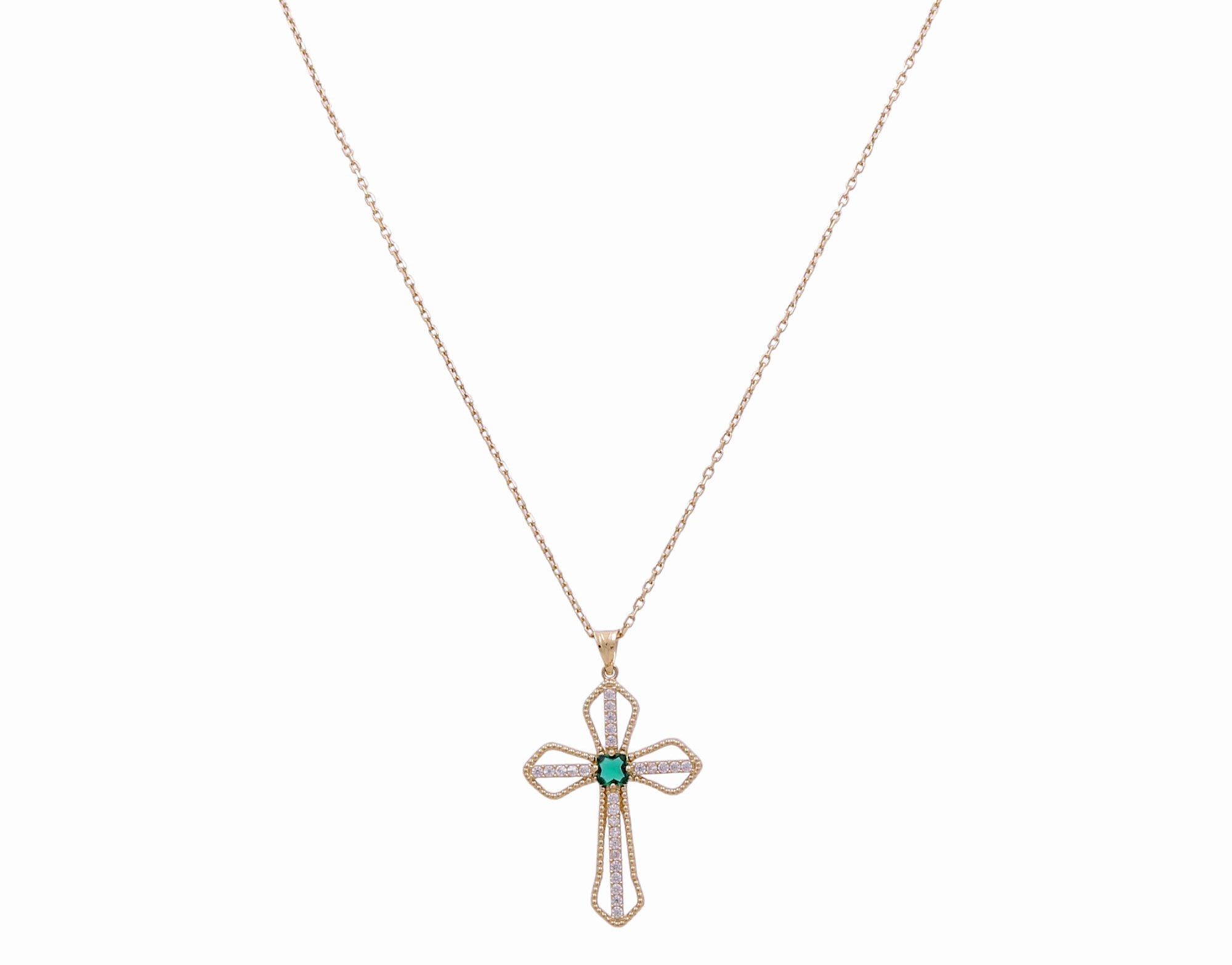 14K Yellow Gold Cross Necklaces with Green Stone - Miral Jewelry