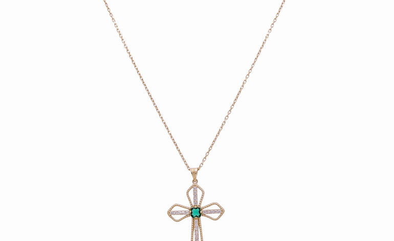 14K Yellow Gold Cross Necklaces with Green Stone - Miral Jewelry