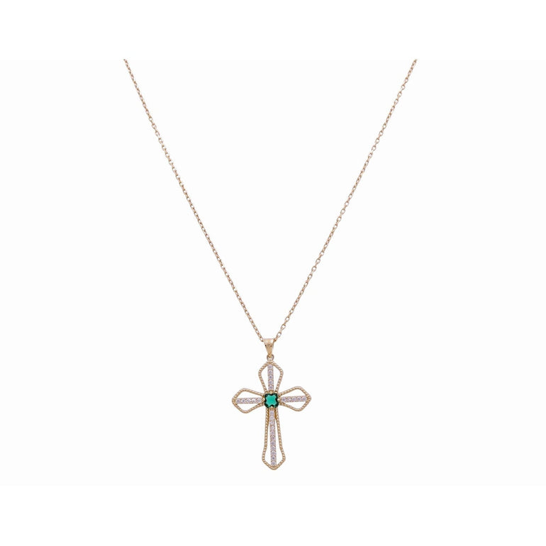 14K Yellow Gold Open Cross Necklace with Green Stone 18in
