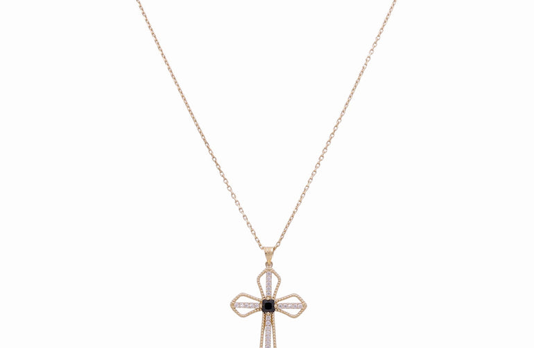 14K Yellow Gold Cross Necklaces with Onix Stone - Miral Jewelry