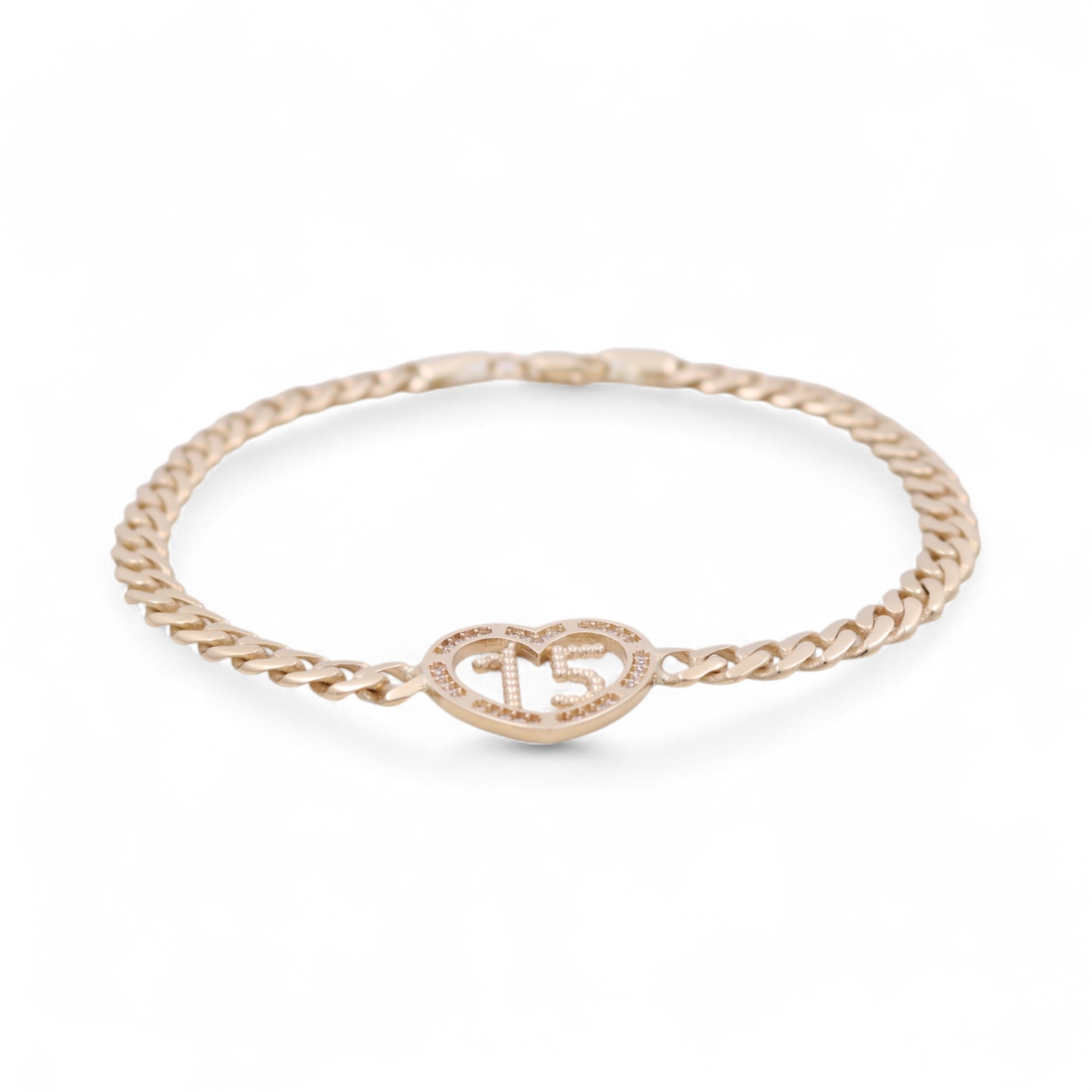 14K Yellow Gold Cuban Bracelet with Quinceañera 15 Heart 7in, 8.3 g