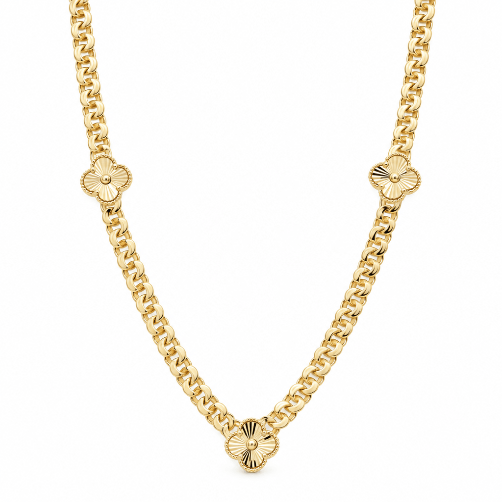 14K Yellow Gold Cuban Necklace with Diamond-Cut Clovers – 18" - Miral Jewelry