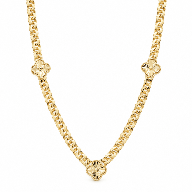 14K Yellow Gold Cuban Necklace with Diamond-Cut Clovers – 18" - Miral Jewelry