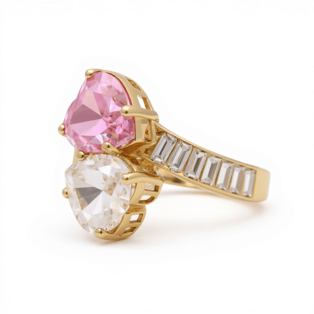 14K Yellow Gold Cz Hearts Fashion Women's Ring - Miral Jewelry