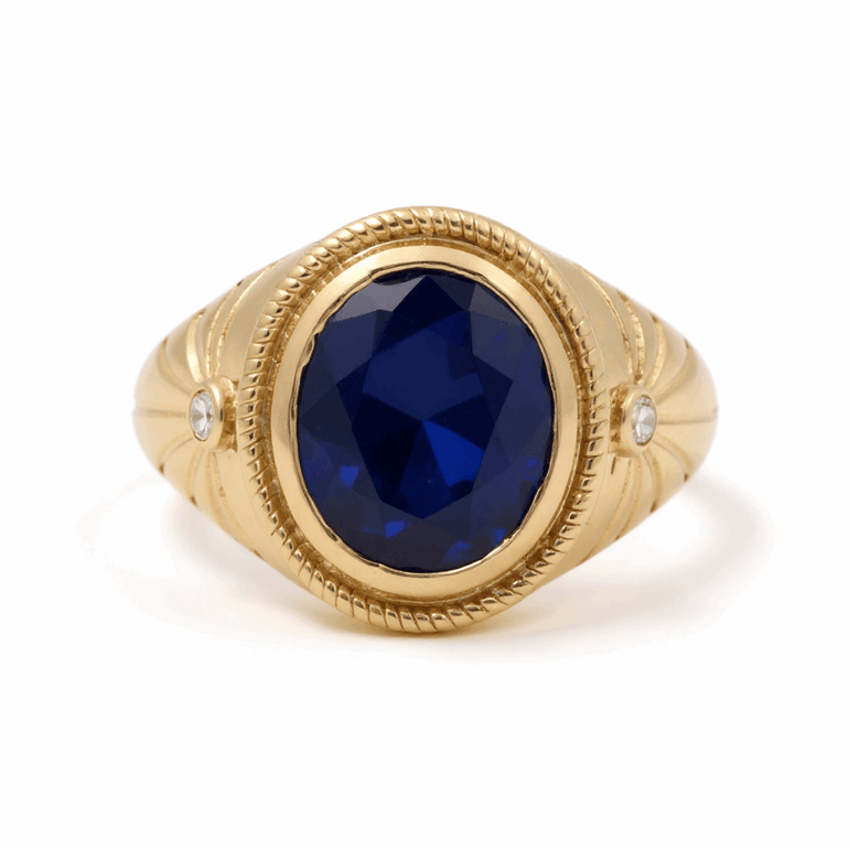 14k Yellow Gold Dark Blue Oval Fashion Ring - Miral Jewelry