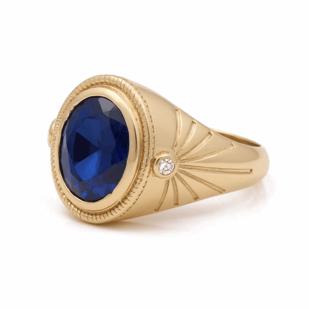 14k Yellow Gold Dark Blue Oval Fashion Ring - Miral Jewelry