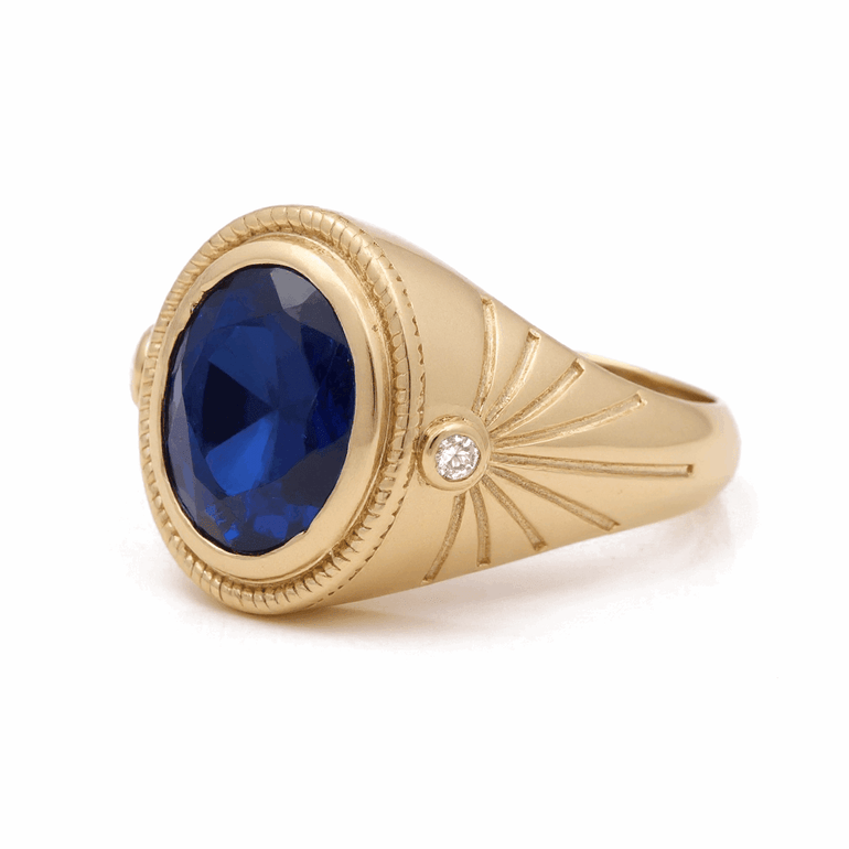 14k Yellow Gold Dark Blue Oval Fashion Ring - Miral Jewelry
