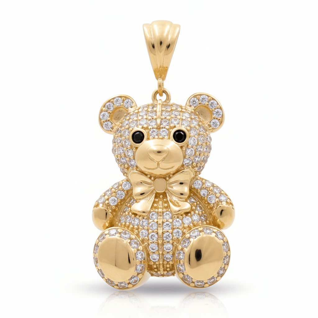 14K Yellow Gold Diamond Cut Bear with Cz Pendant - Miral Jewelry