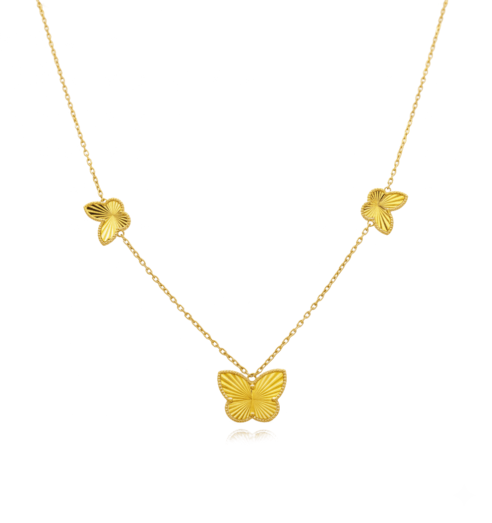 14k Yellow Gold Diamond Cut Butterflies Necklaces 17" - Miral Jewelry