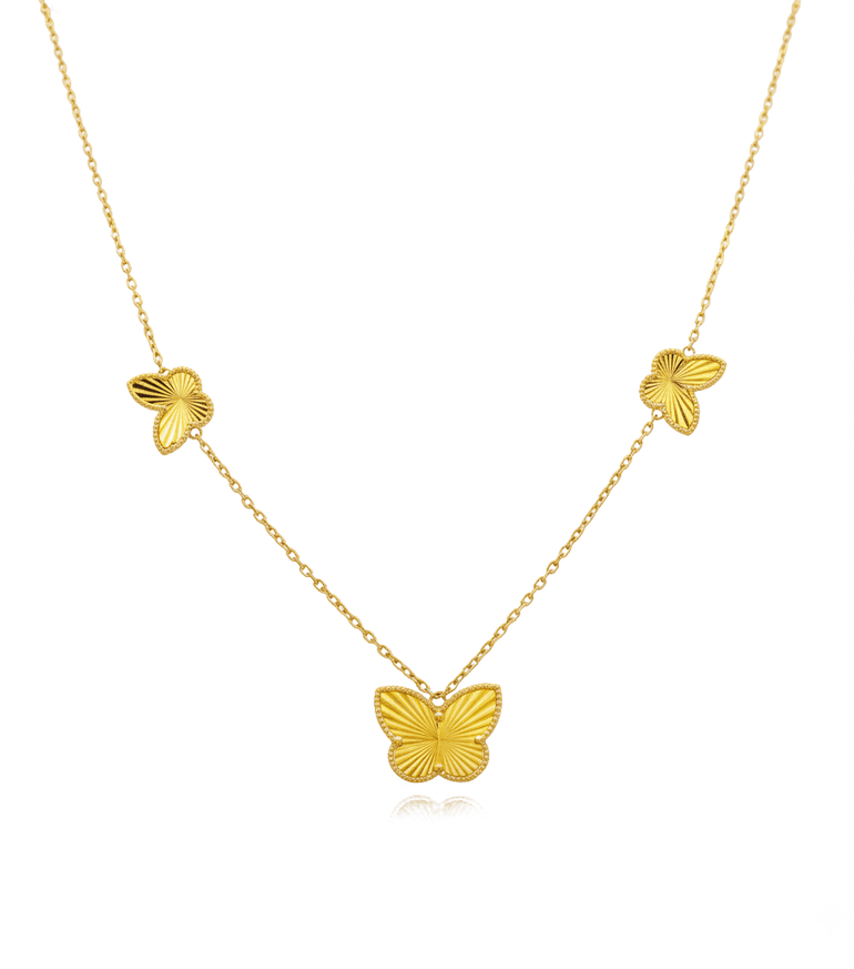 14k Yellow Gold Diamond Cut Butterflies Necklaces 17" - Miral Jewelry