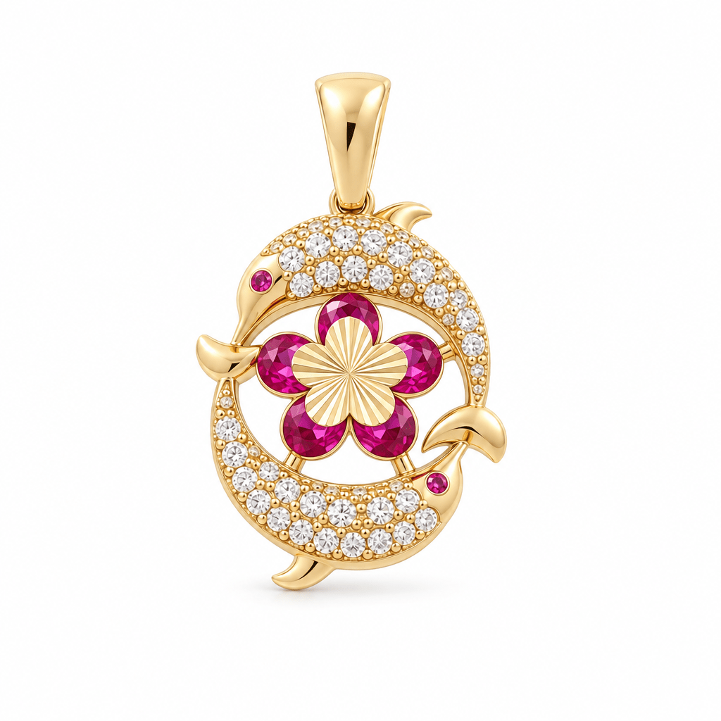 14K Yellow Gold Diamond Cut Dolphin And Flower With Cz Pendant - Miral Jewelry