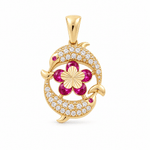 14K Yellow Gold Diamond Cut Dolphin And Flower With Cz Pendant - Miral Jewelry