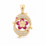 14K Yellow Gold Diamond Cut Dolphin And Flower With Cz Pendant - Miral Jewelry