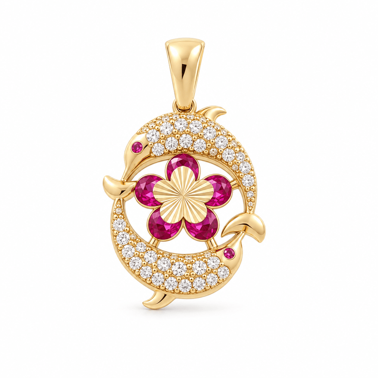 14K Yellow Gold Diamond Cut Dolphin And Flower With Cz Pendant - Miral Jewelry