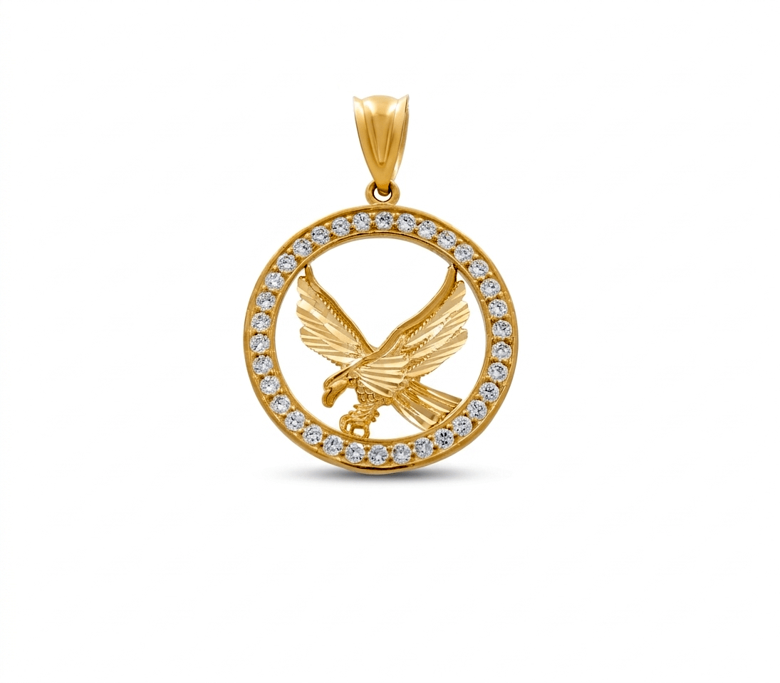14K Yellow Gold Diamond Cut Eagle with Cz Pendant - Miral Jewelry