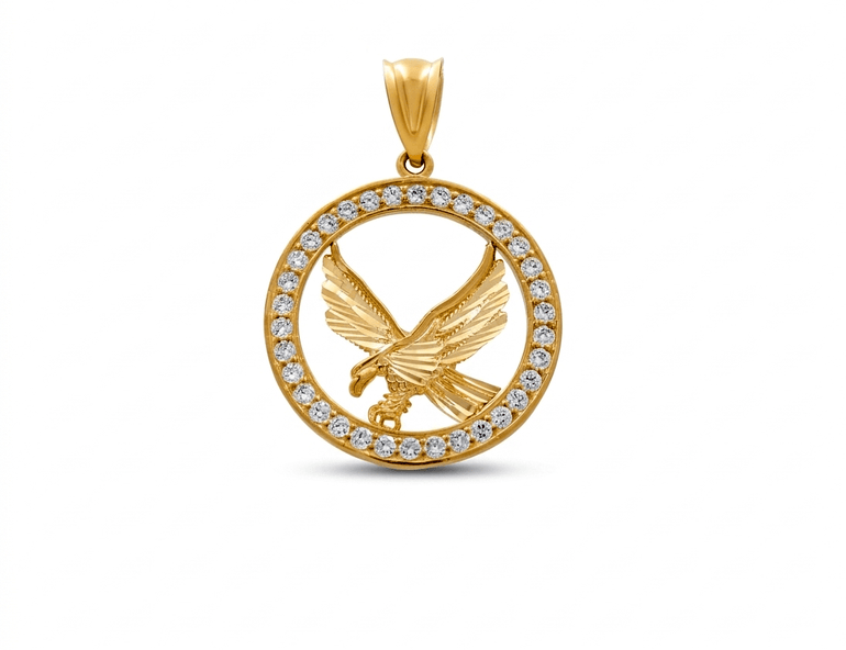 14K Yellow Gold Diamond Cut Eagle with Cz Pendant - Miral Jewelry