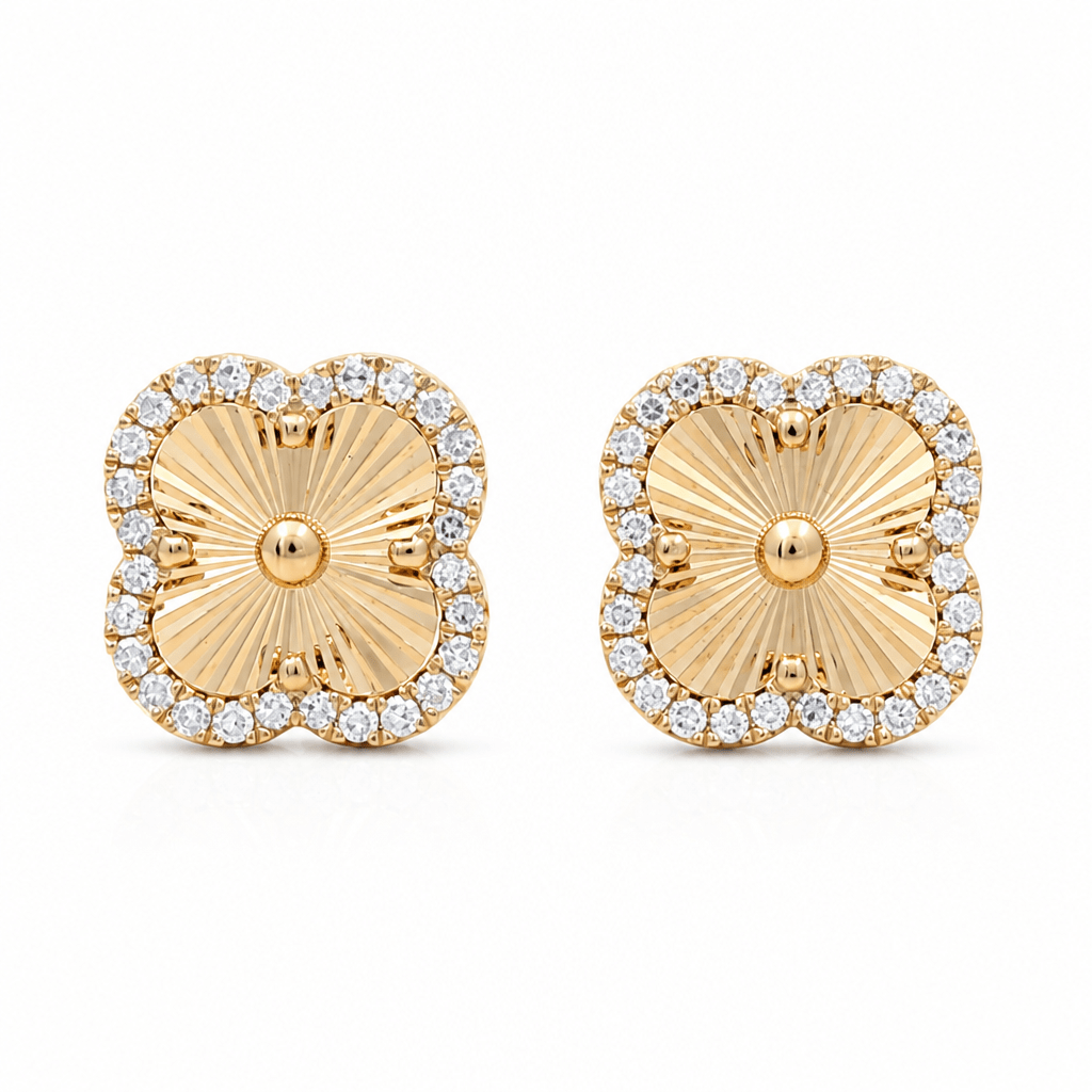 14K Yellow Gold Diamond Cut Flower Diamond Earrings with 0.30Tw Round Diamonds - Miral Jewelry