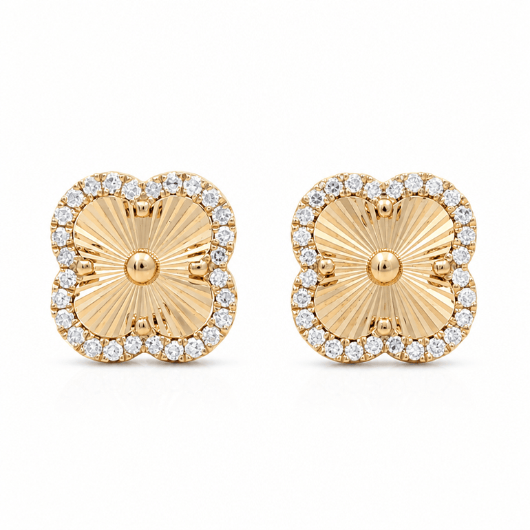 14K Yellow Gold Diamond Cut Flower Diamond Earrings with 0.30Tw Round Diamonds - Miral Jewelry