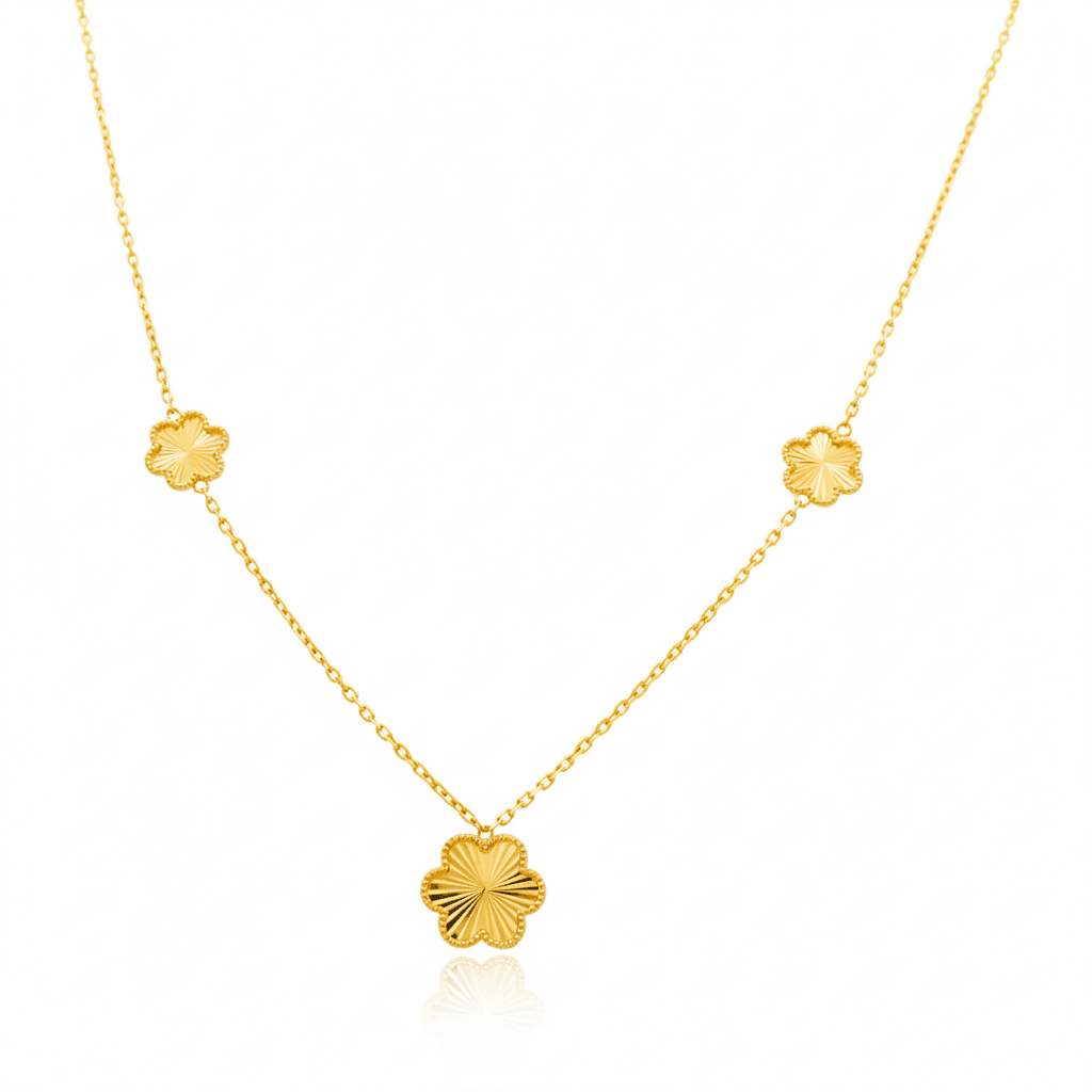 14k Yellow Gold Diamond Cut Flower Necklaces 17" - Miral Jewelry