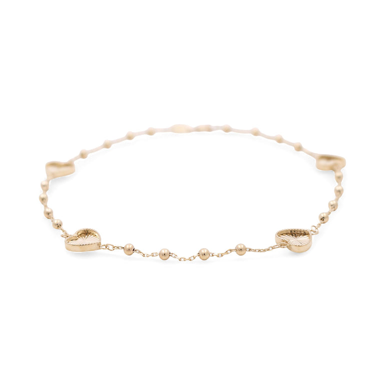 14K Yellow Gold Diamond Cut Heart Ankle Bracelet - Miral Jewelry