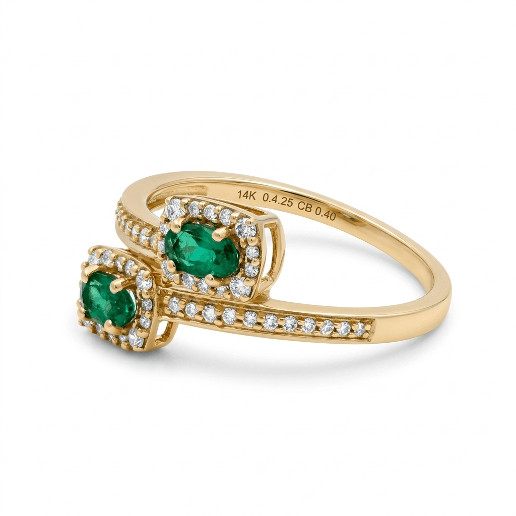 14K Yellow Gold Diamond Cut Modern Fashion Ring with 0.46Tw Oval Emeralds and 0.26Tw Round Diamonds - Miral Jewelry