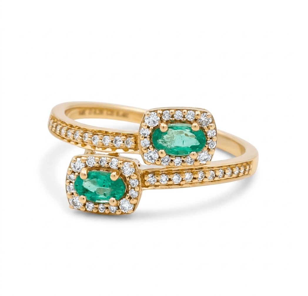 14K Yellow Gold Diamond Cut Modern Fashion Ring with 0.46Tw Oval Emeralds and 0.26Tw Round Diamonds - Miral Jewelry
