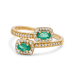 14K Yellow Gold Diamond Cut Modern Fashion Ring with 0.46Tw Oval Emeralds and 0.26Tw Round Diamonds - Miral Jewelry