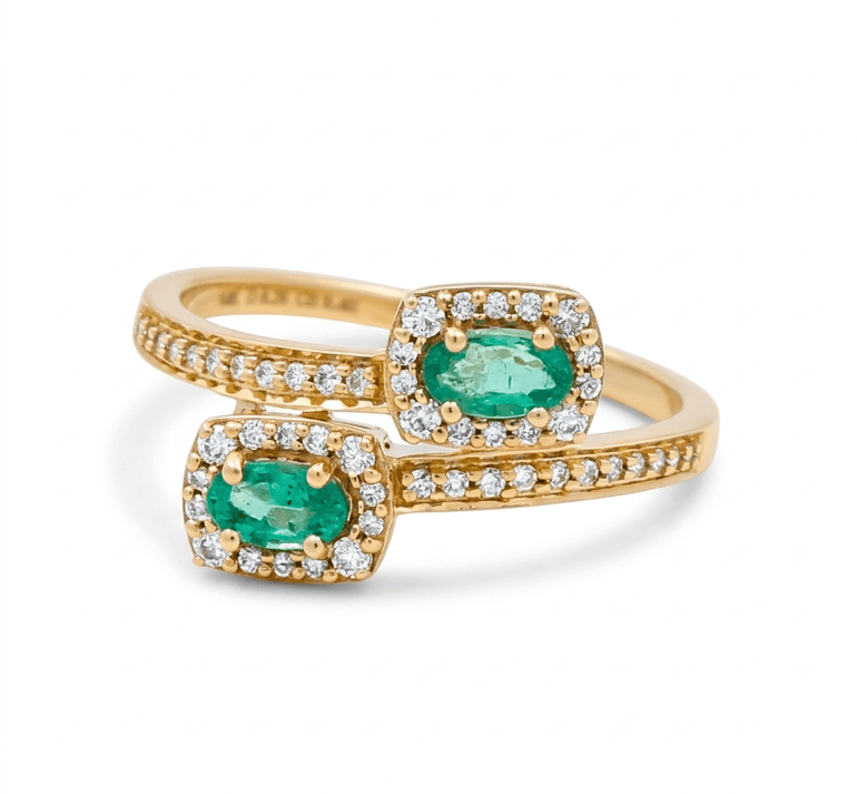 14K Yellow Gold Diamond Cut Modern Fashion Ring with 0.46Tw Oval Emeralds and 0.26Tw Round Diamonds - Miral Jewelry