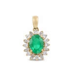 14K Yellow Gold Diamond Cut Oval Pendants with Oval Emeralds and 0.32Tw Baguette and Round Diamonds - Miral Jewelry