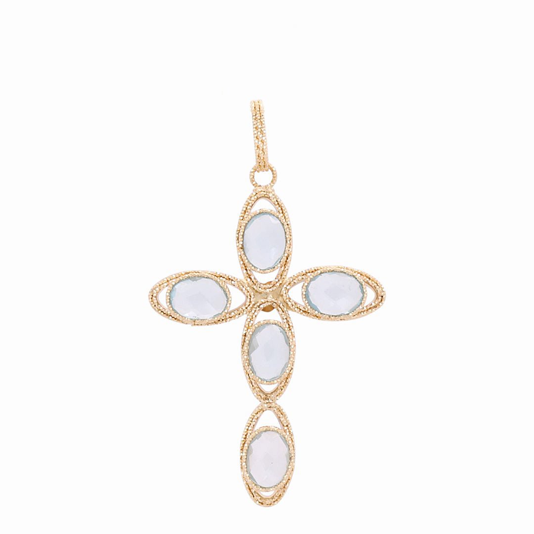 14K Yellow Gold Open Cross Pendant with Light Blue Stones 5.8 g