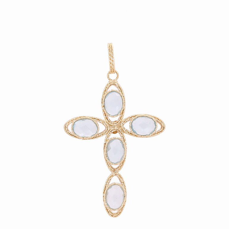 14K Yellow Gold Diamond Cut with Light Blue Stones Pendant - Miral Jewelry