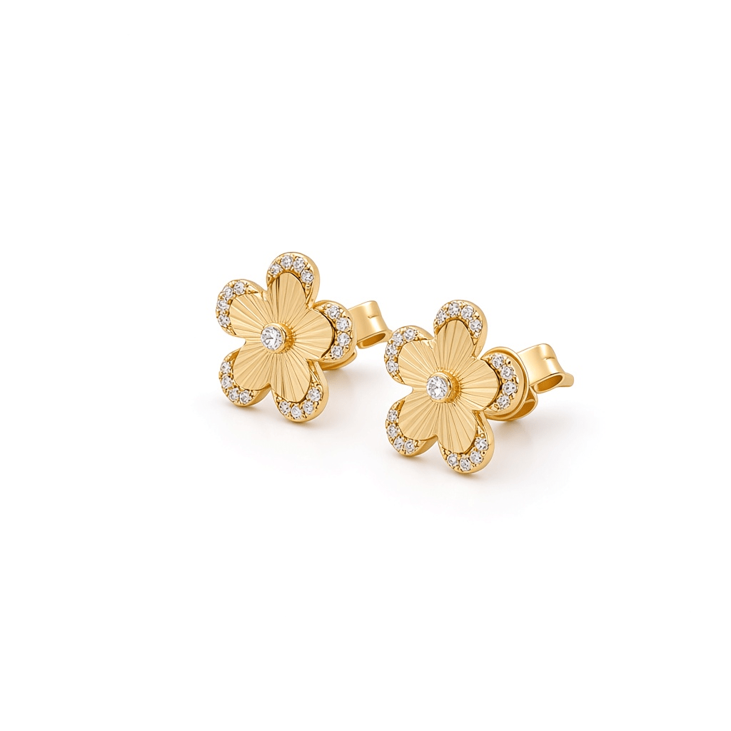 14K Yellow Gold Diamond Flower Earrings – 0.09 ct tw - Miral Jewelry