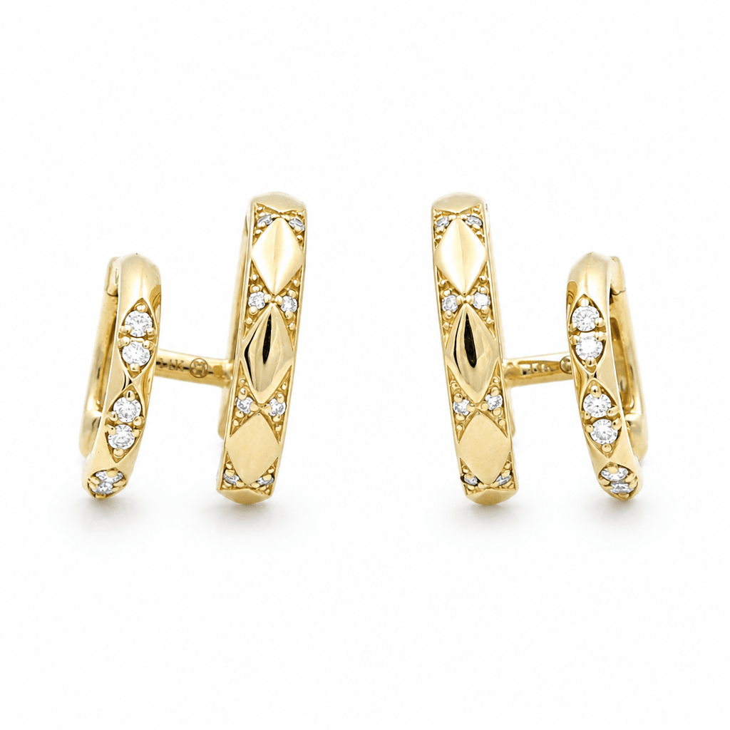 14K Yellow Gold Double Small Hoops Diamond Earrings with 0.31Tw Round Diamonds - Miral Jewelry