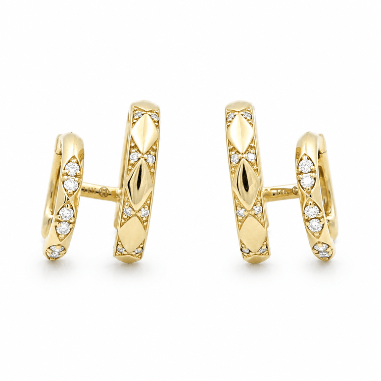 14K Yellow Gold Double Small Hoops Diamond Earrings with 0.31Tw Round Diamonds - Miral Jewelry