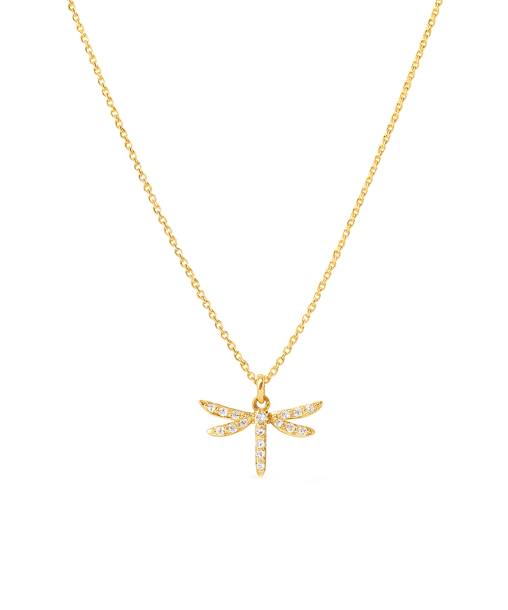 14k Yellow Gold Dragonfly Diamond Necklace 18" with 0.06Tw Round Diamonds - Miral Jewelry