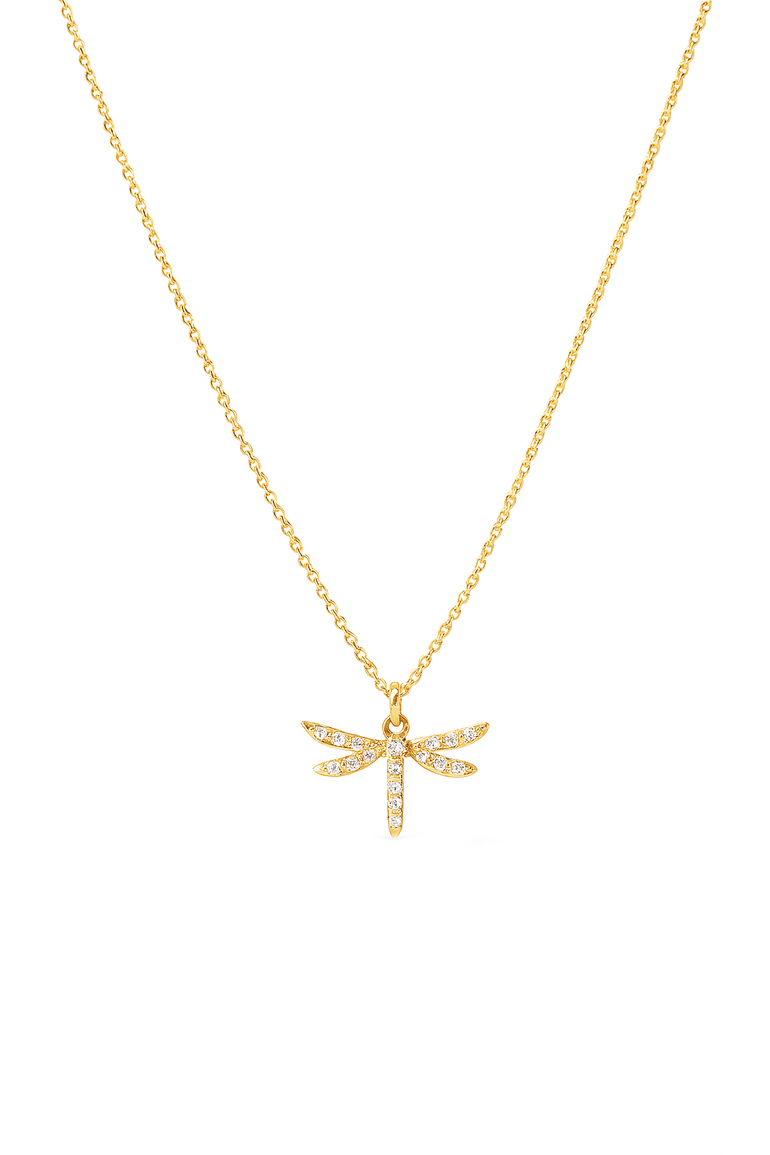 14k Yellow Gold Dragonfly Diamond Necklace 18" with 0.06Tw Round Diamonds - Miral Jewelry