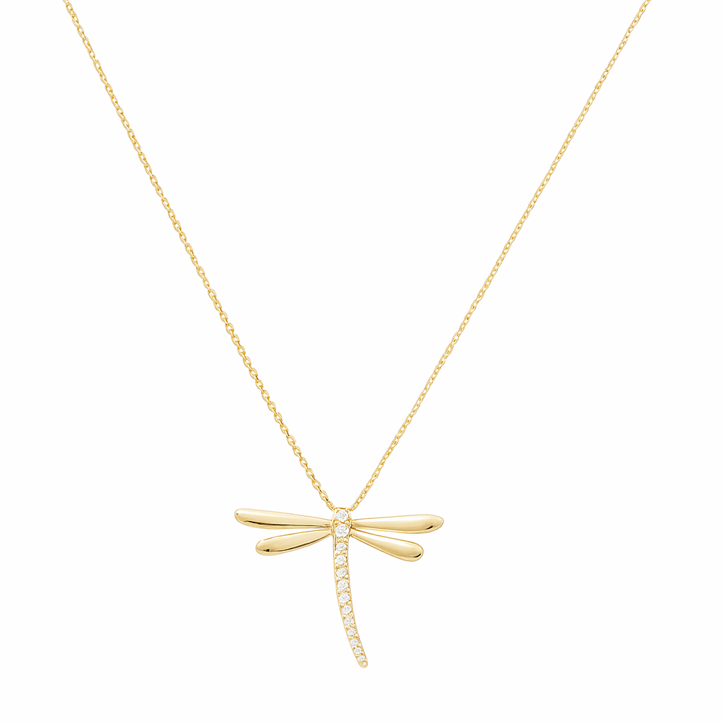 14k Yellow Gold Dragonfly Diamond Necklace with 0.32 Tw Round Diamonds - Miral Jewelry