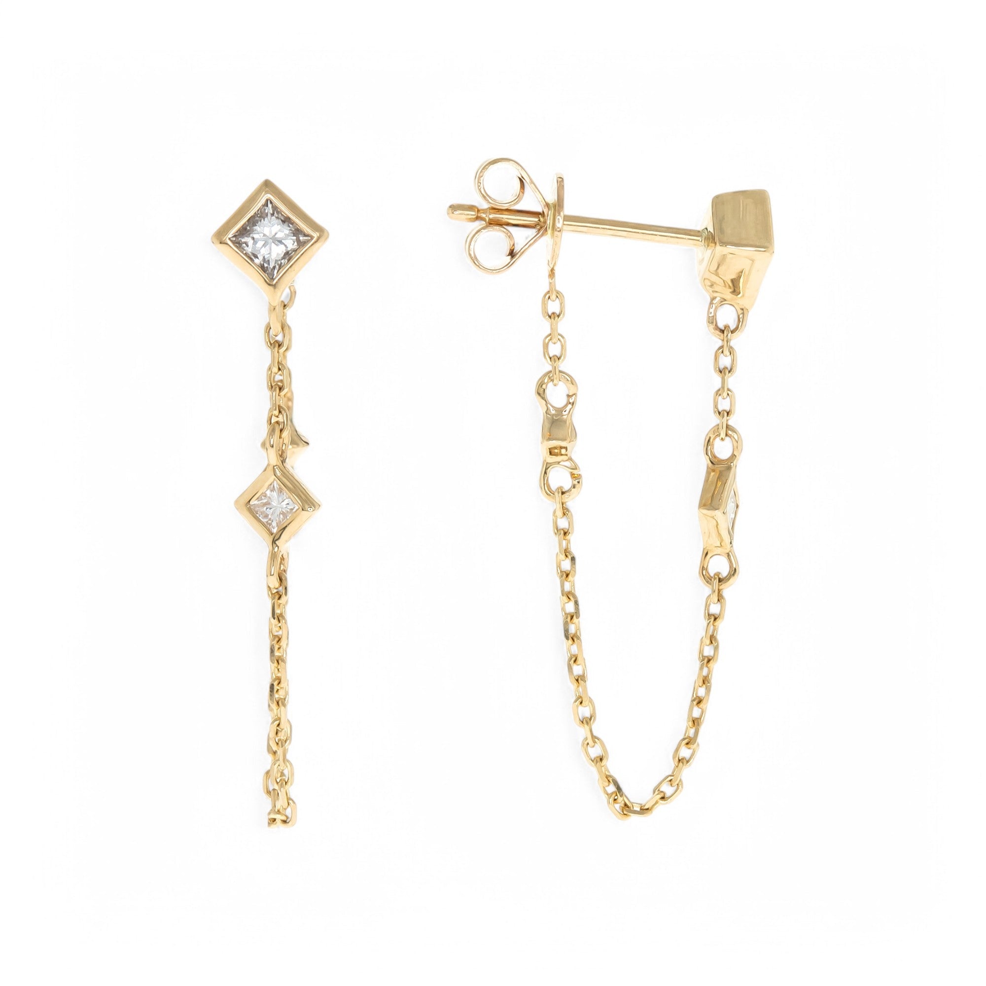 14K Yellow Gold Diamond Stud & Chain Drop Earrings 0.28 ct tw