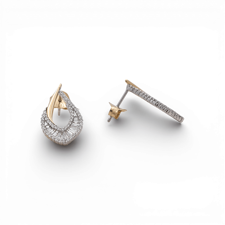 14K Yellow Gold Drop Diamond Earrings with 0.43Tw Round Diamonds and 0.45Tw Baguette Diamonds - Miral Jewelry