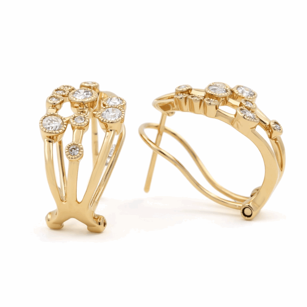 14K Yellow Gold Three-Row Bezel Diamond Hoop Earrings 0.45 ct tw