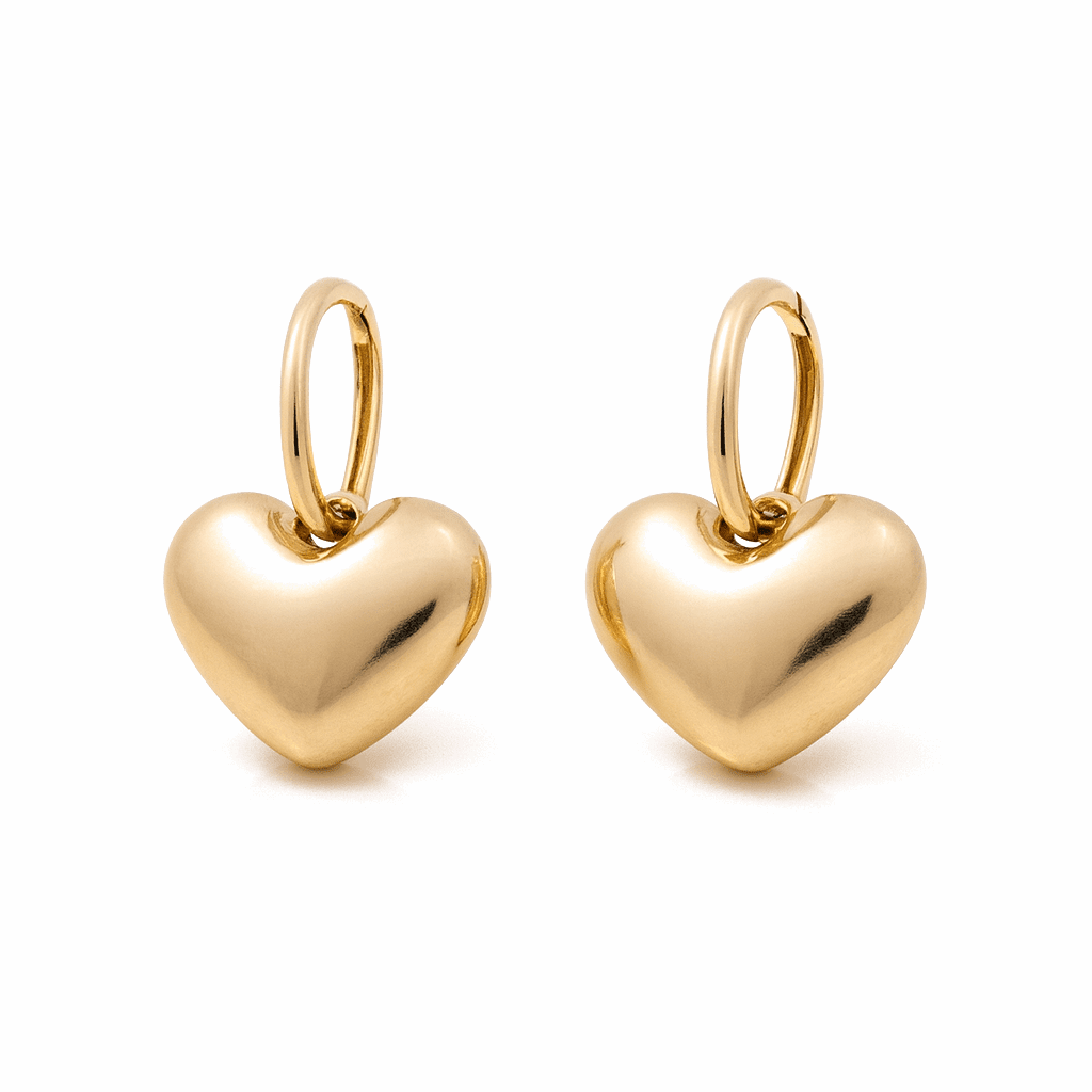 14K Yellow Gold Puffed Heart Drop Huggie Earrings