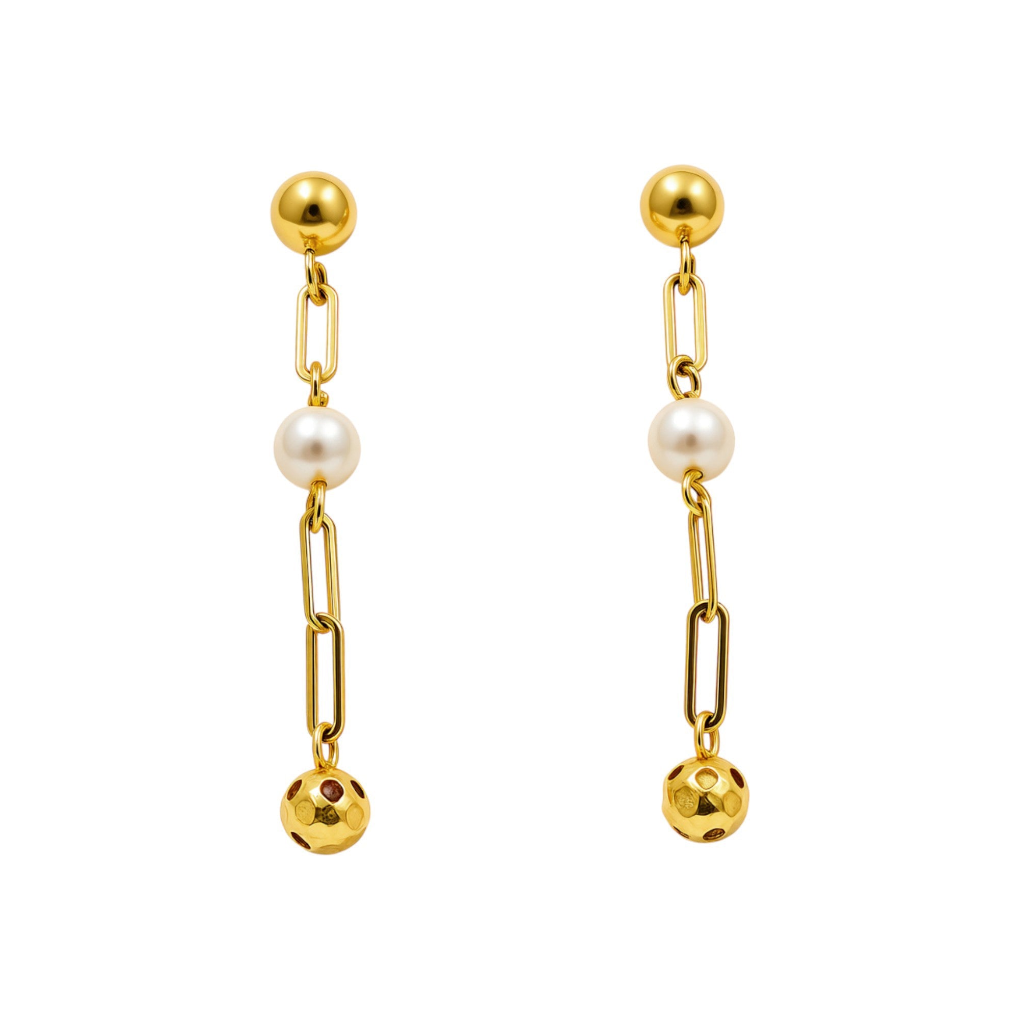 14K Yellow Gold Paper Clip Pearl Drop Earrings 1.4 g