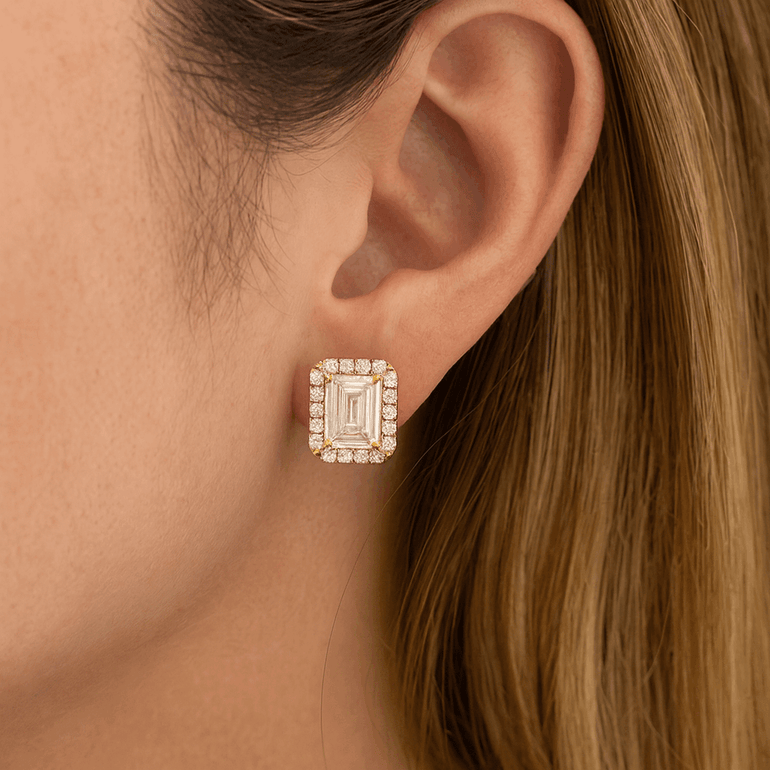 14K Yellow Gold Emerald Earrings with 2.17Tw Emerald Lab Grown Diamond - Miral Jewelry