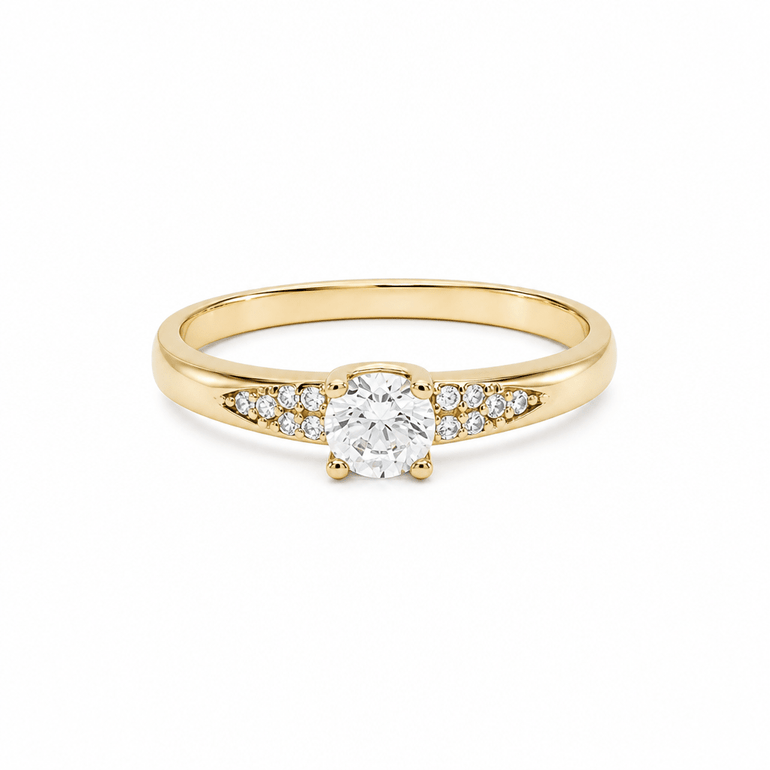 14K Yellow Gold CZ Solitaire Ring with Accent Band
