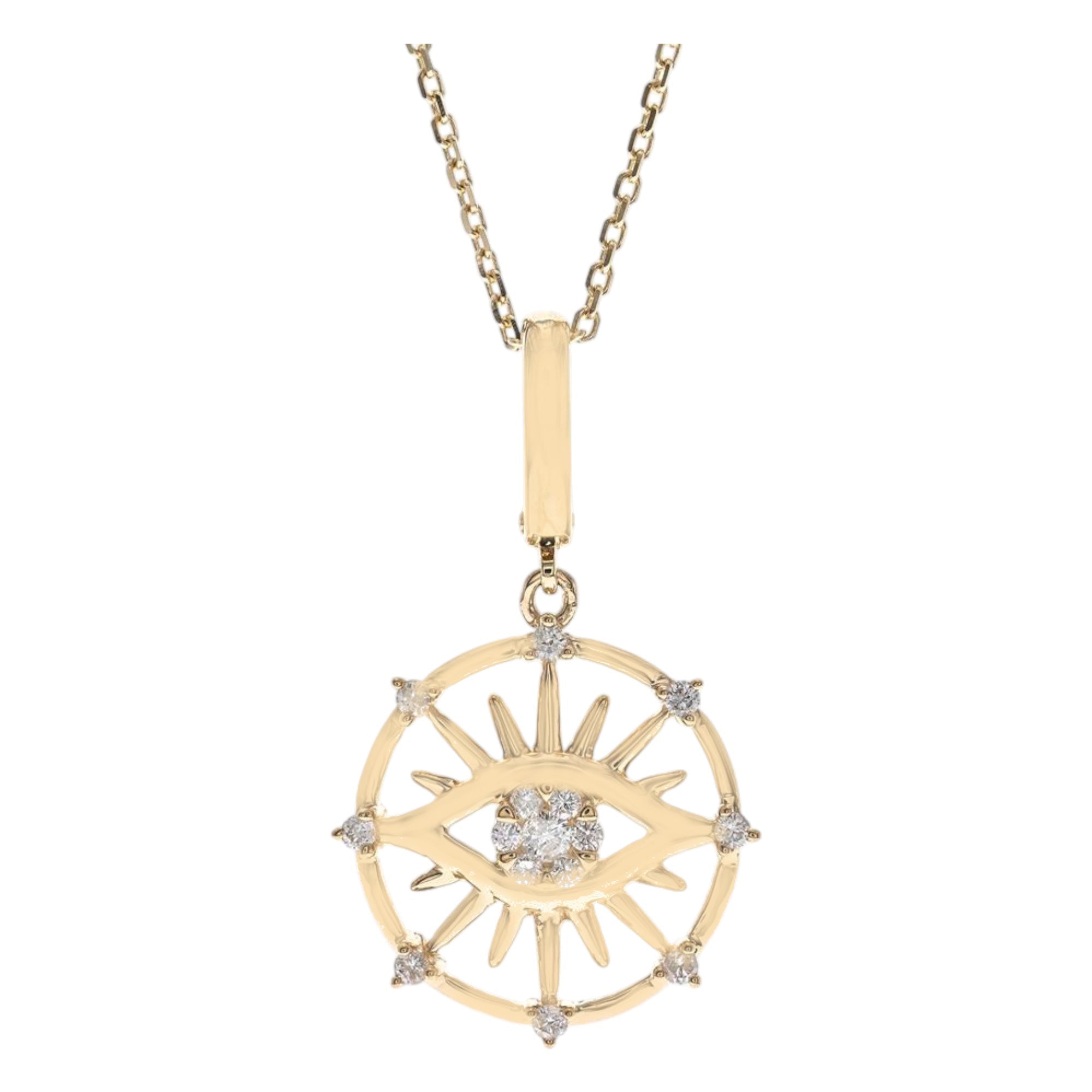 14K Yellow Gold Eye Compass Medallion Diamond Necklace 0.16 ct tw