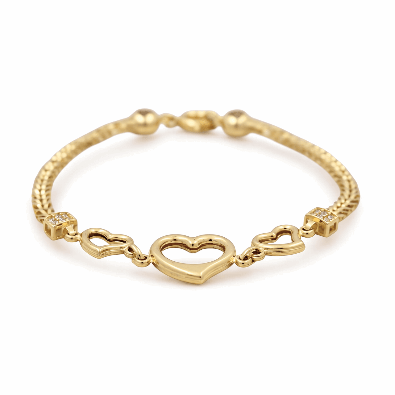 14K Yellow Gold Fancy Link with Hearts Women's Bracelet - Miral Jewelry